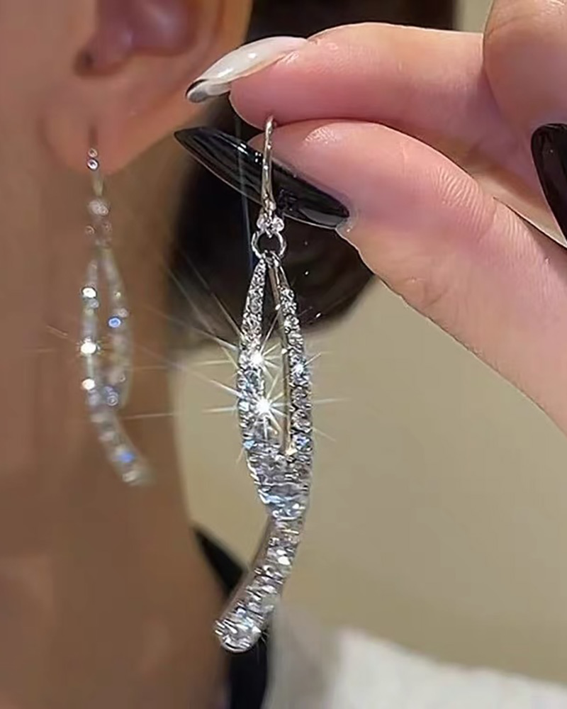 

Cross Curved Rhinestone Decor Drop Earrings, Silver