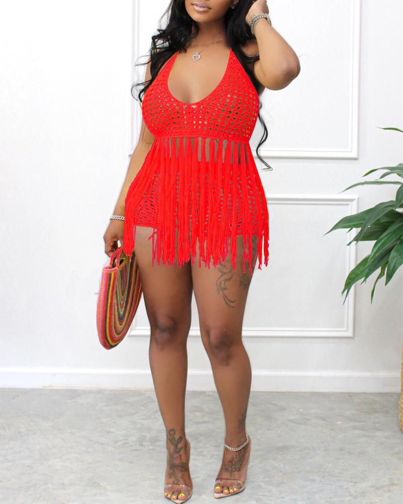 

Crochet Hollow Out Fringe Trim Top & Shorts Set, Red