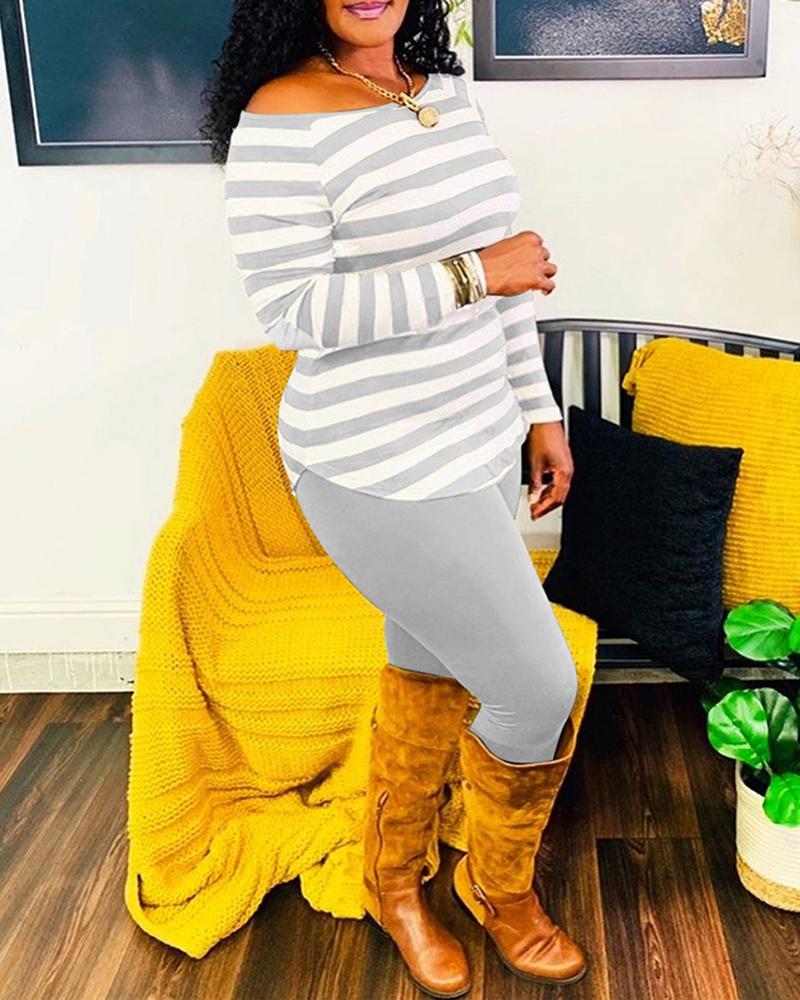 

Striped Long Sleeve Top & Pants Set, Gray