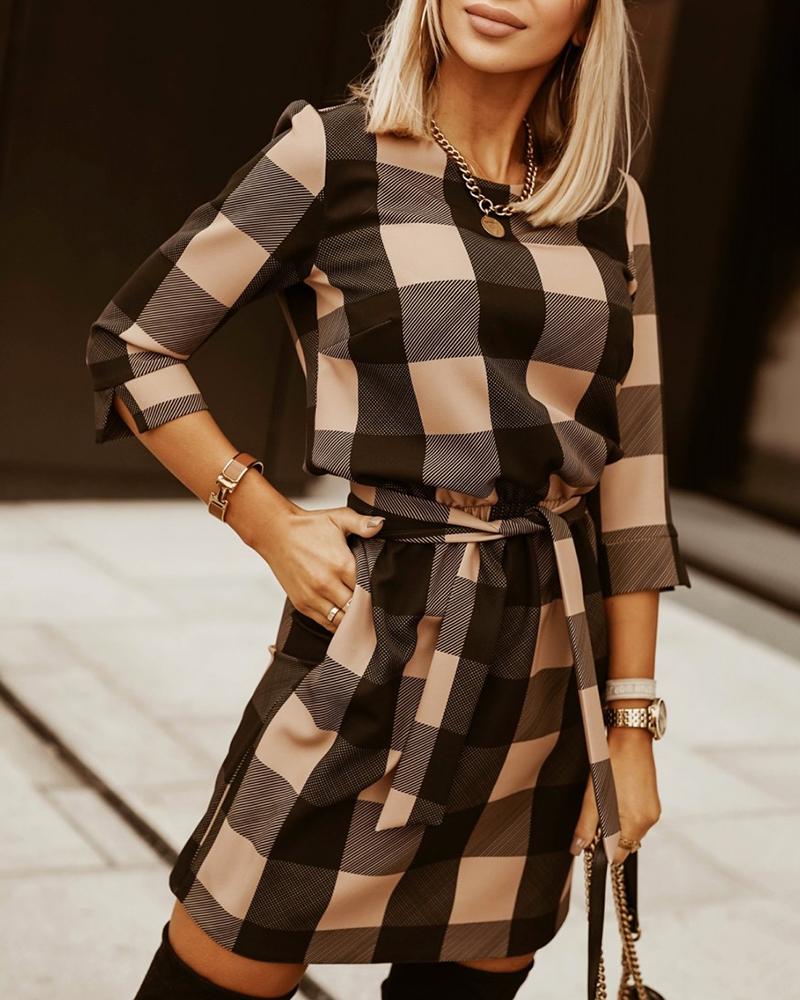 

Plaid Print Casual Dress With Belt, Khaki