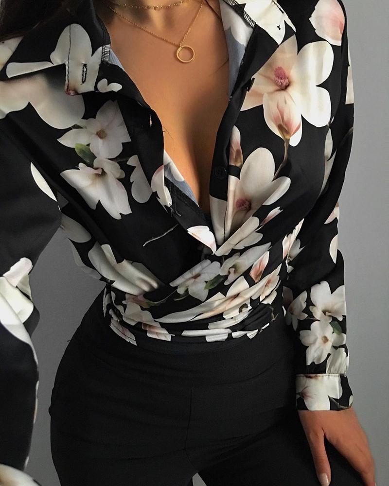 

Floral Print Long Sleeve Buttoned Shirt, Black