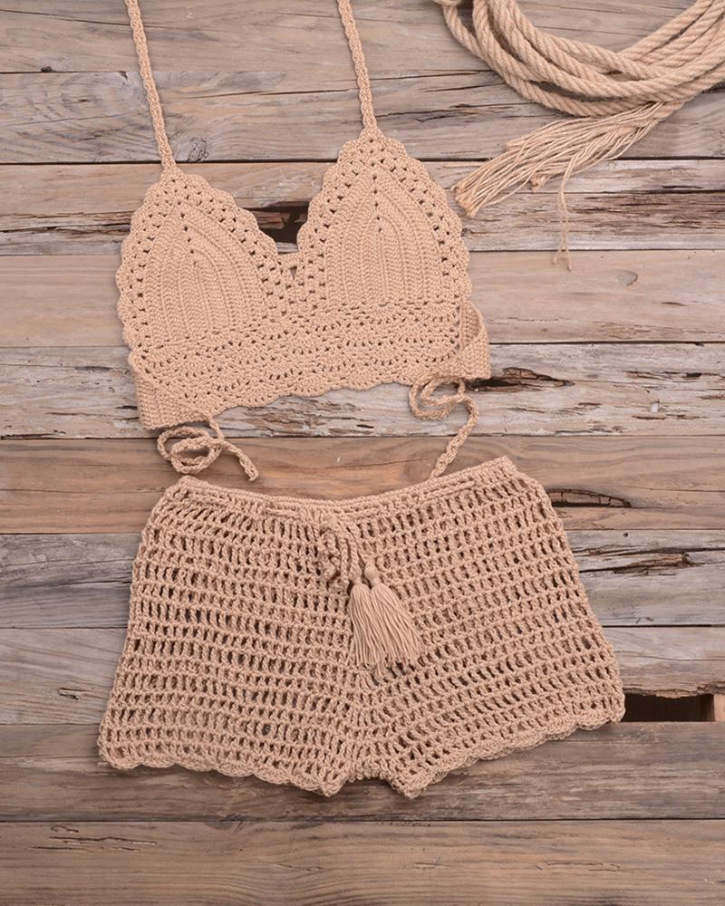 

Solid Strap Cut-out Tanks With Cut-out Shorts Sexy Sets, Khaki