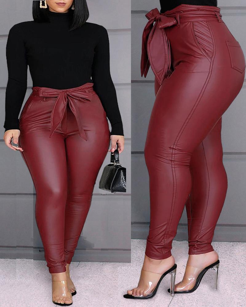 

Plus Size Tied Detail Pocket Design PU Leather Pants, Wine red