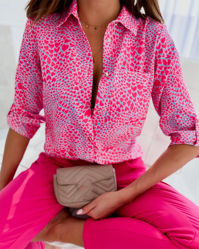 

Heart Print Roll Tab Sleeve Button Down Shirt, Pink