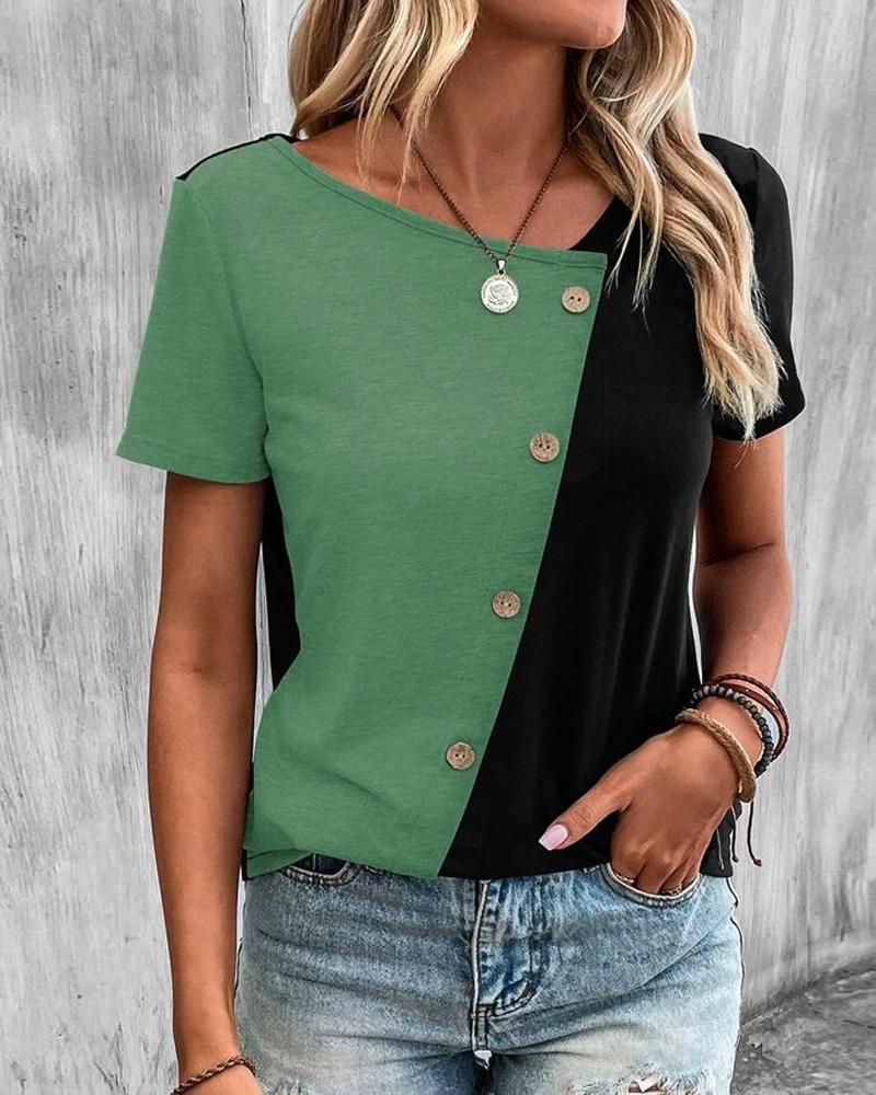 

Colorblock Button Decor Casual T-shirt, Green