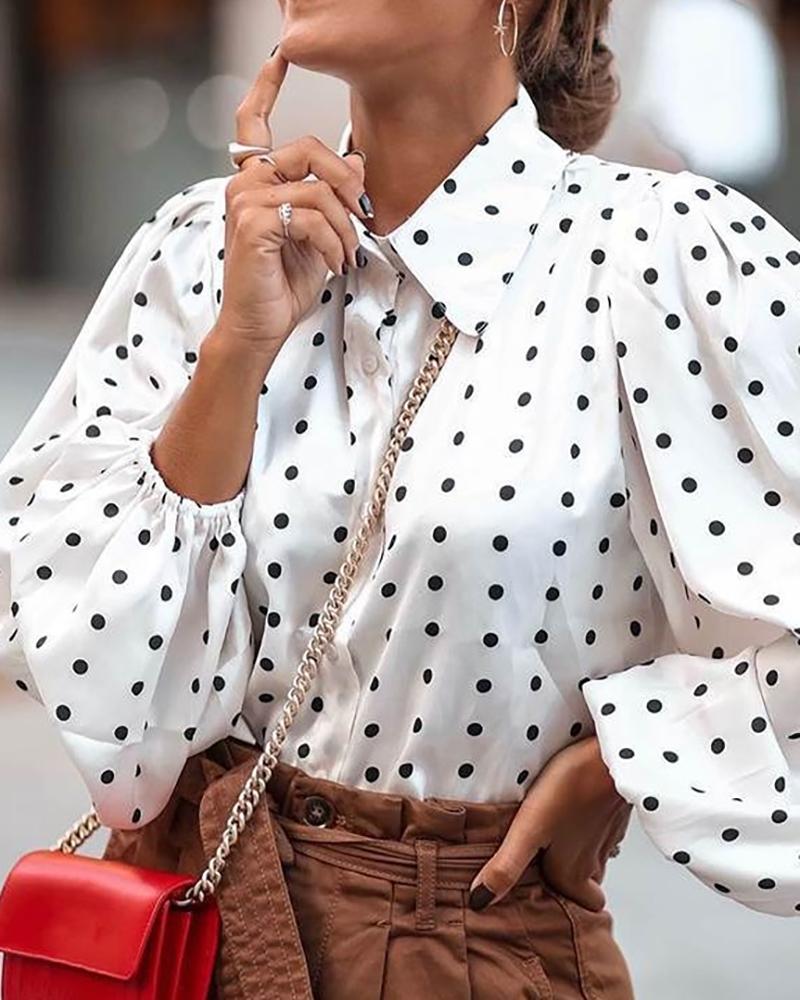 

Dot Print Latern Sleeve Button-up Blouse, White