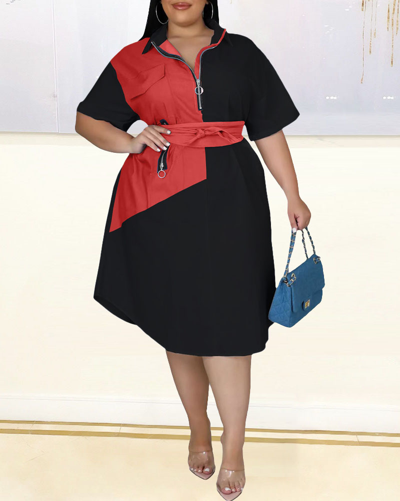 

Plus Size Colorblock Zipper Detail Curved Hem Shirt Dress, Red&black