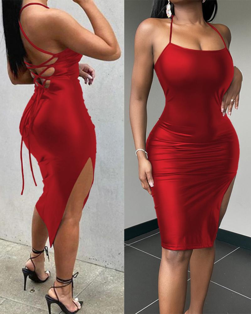 

Backless Slit PU Leather Bodycon Dress, Red