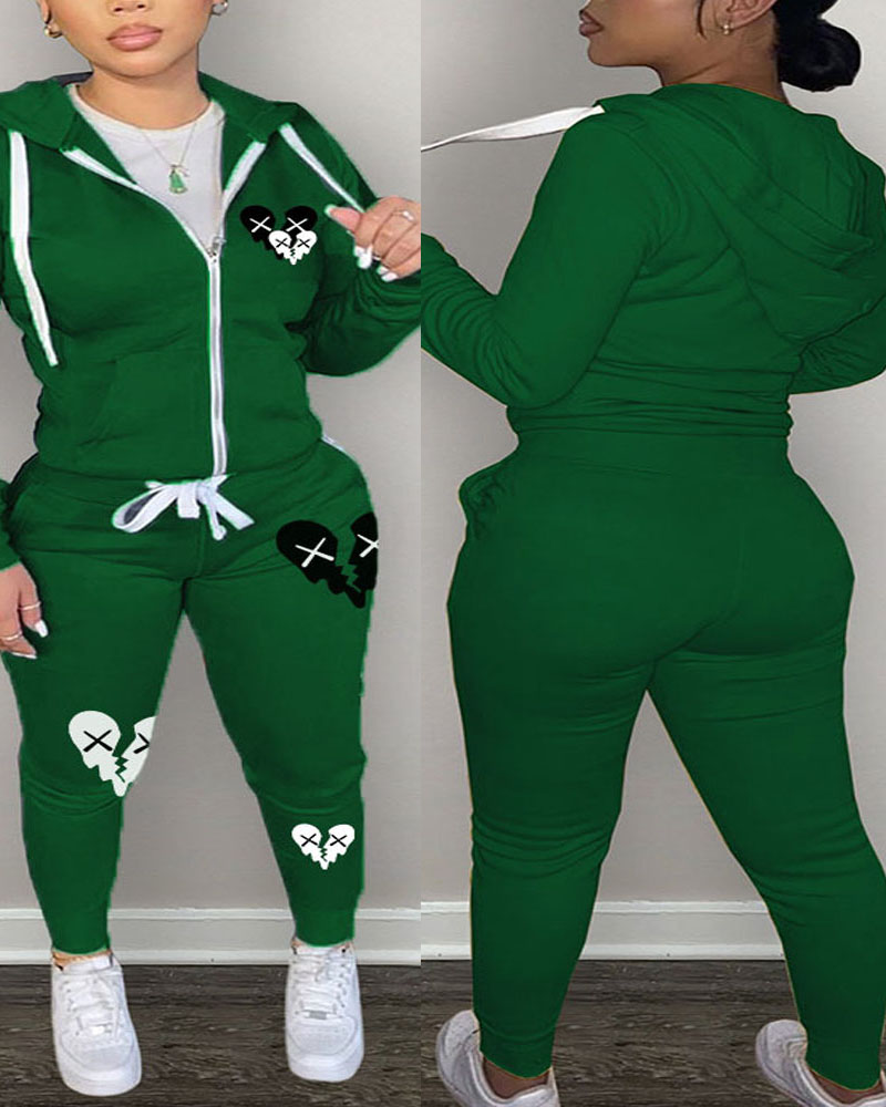 

Plus Size Heart Print Hooded Zip Up Top & Pants Set, Green
