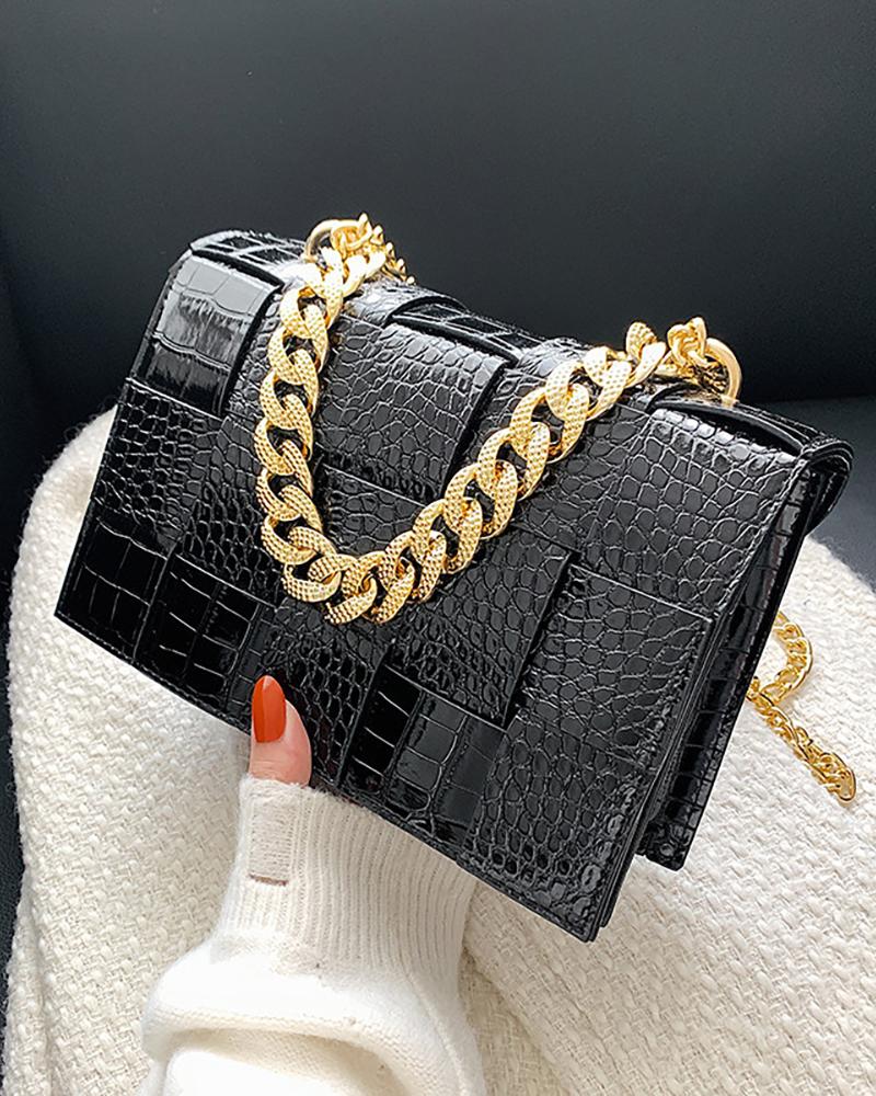 

Crocodile Braided Chain Strap Crossbody Handbag, Black