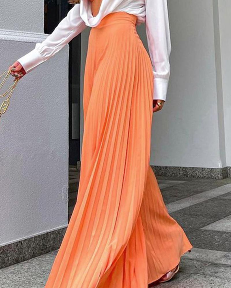 

High Waist Pleated Wide Leg Bootcut Pants, Orange