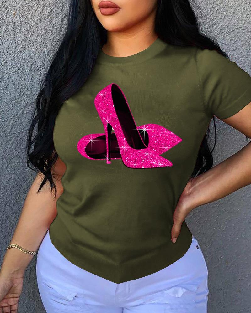 

Graphic Print Short Sleeve O Neck T-Shirt, Green