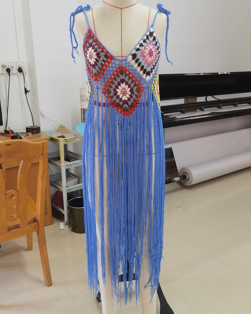 

Tassel Design Geometric Pattern Cover Up Crochet Dress, Blue