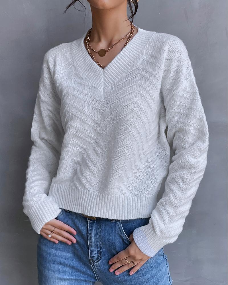 

Knit V Neck Long Sleeve Casual Sweater, White