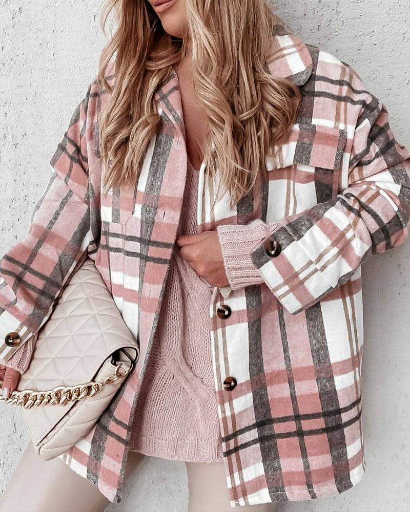 

Plaid Print Flap Detail Button Down Shacket, Pink