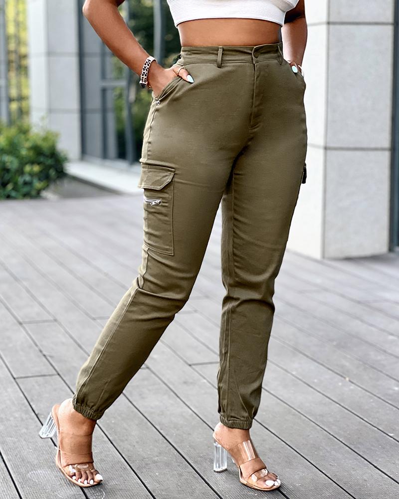 

Zipper Pocket Design Casual Pants Without Belt, Army green