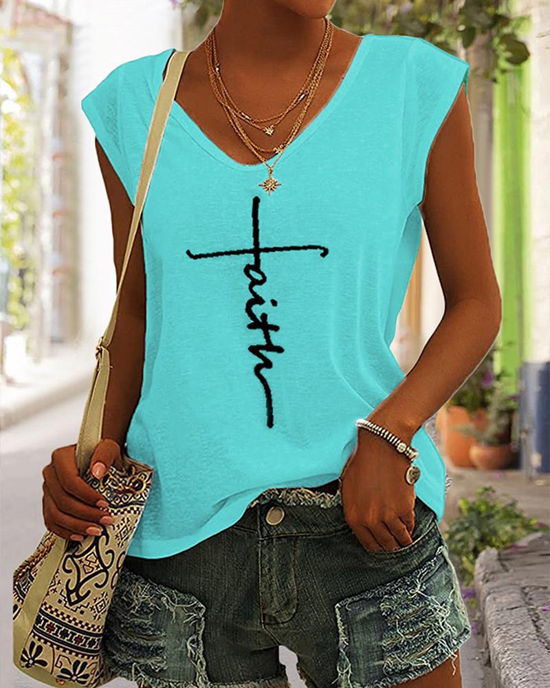 

Faith Print V-Neck Cap Sleeve T-shirt, Turquoise blue