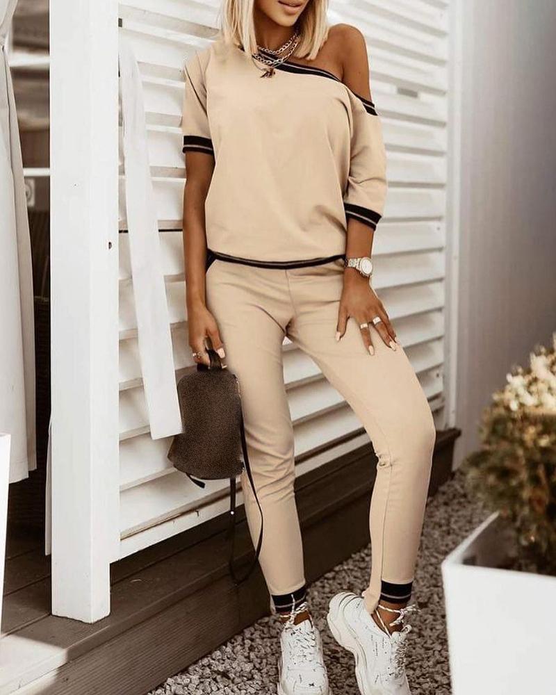 

Round Neck Short Sleeve Top & Pocket Design Pants Set, Apricot