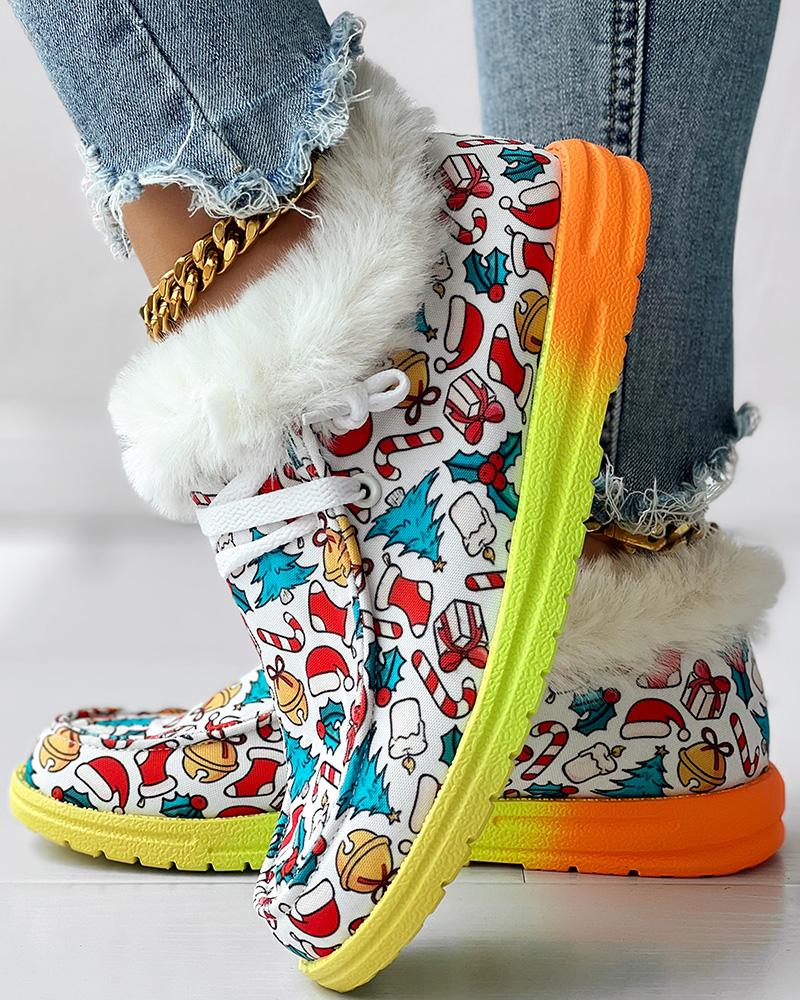 

Christmas Candy Cane Gift Graphic Print Fuzzy Detail Lined Ankle Boots, Multicolor