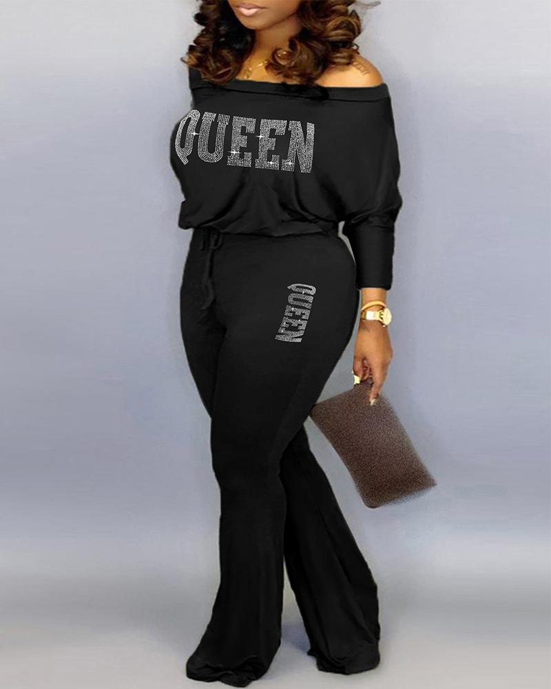 Plus Size Rhinestone Queen Pattern Off Shoulder Jumpsuit