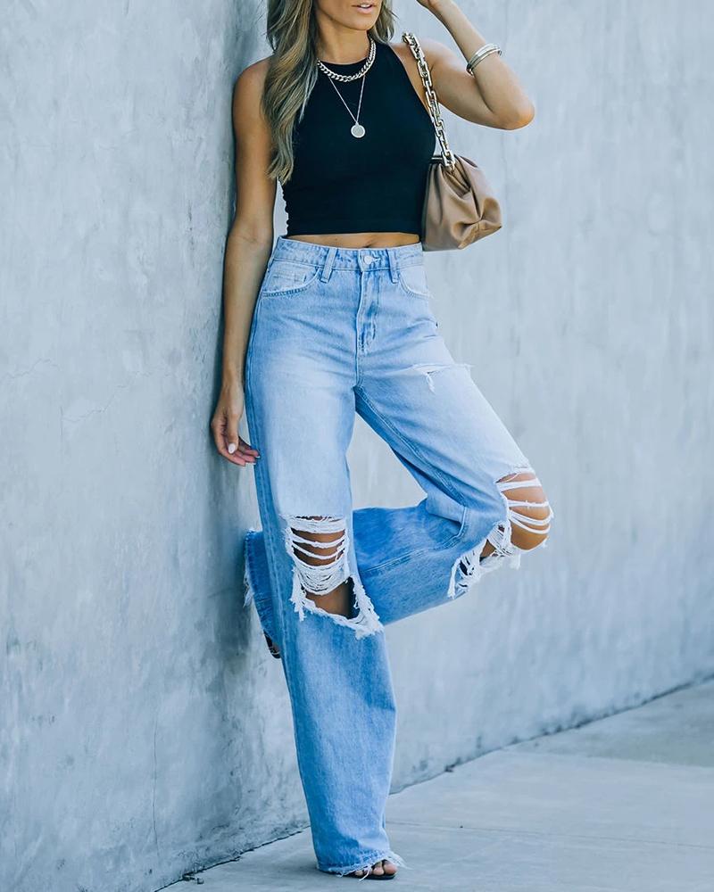 

Ripped Cutout High Waist Washed Jeans, Blue