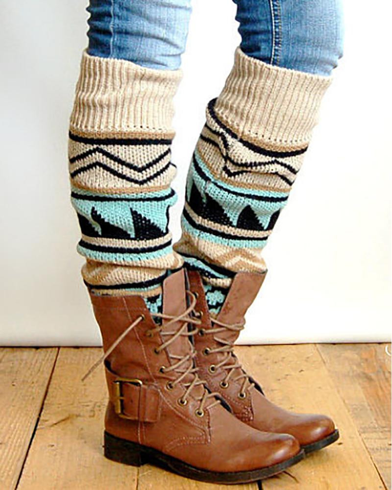 

Geometric Print Over The Calf Socks, Beige