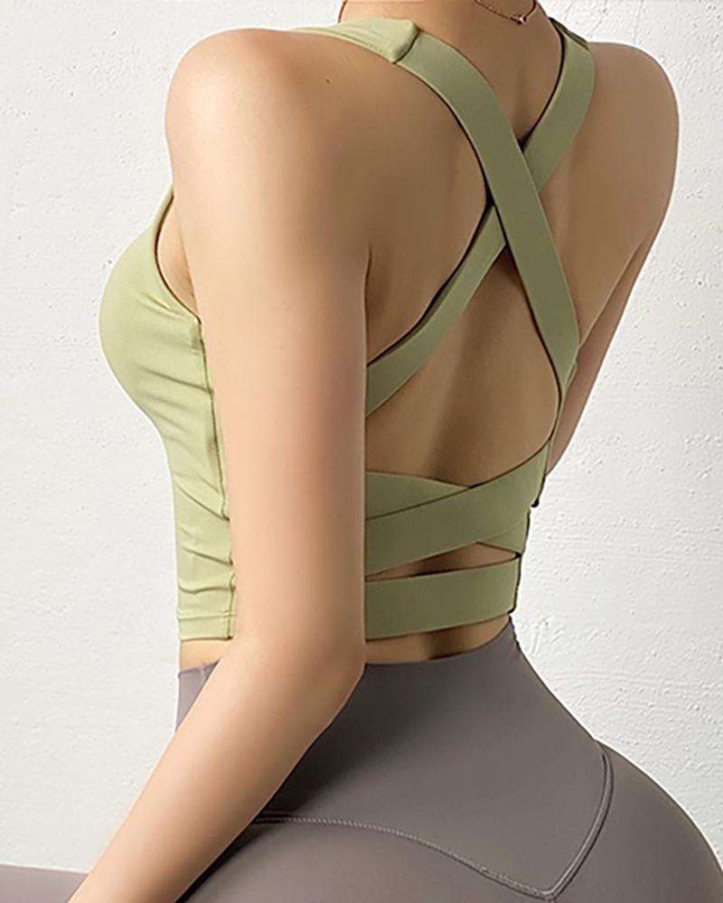 

Strappy Design Plain Skinny Sports Top, Green
