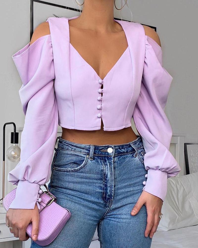 

Cold Shoulder Lantern Sleeve Ruched Crop Top, Purple