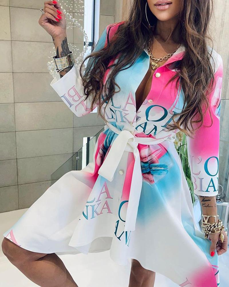 

Letter Print Colorblock Buttoned Shirt Dress With Belt, Multicolor