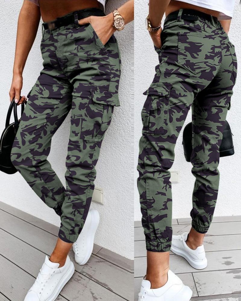 

Camouflage Print Pocket Design Cuff Cargo Pants, Camoflage