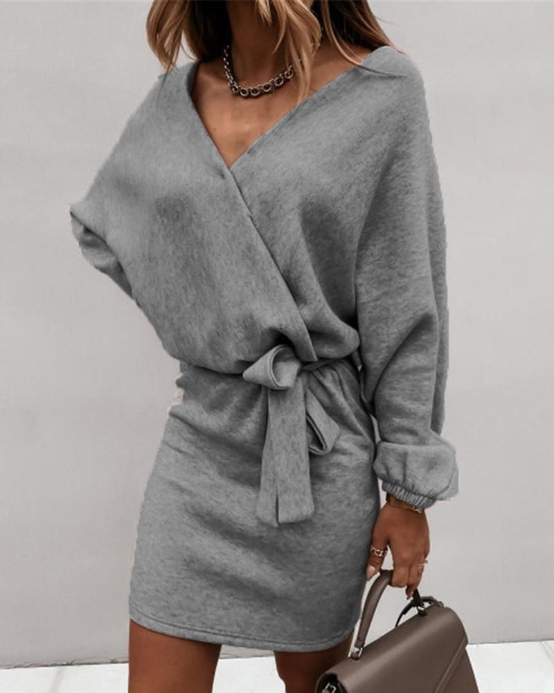 

V Neck Lantern Sleeve Dress With Belt, Light gray