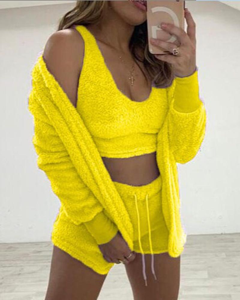 

Fuzzy Tank Top & Shorts Set With Cardigan, Yellow