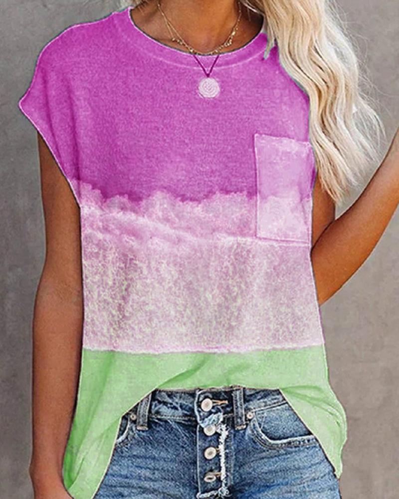 

Round Neck Short Sleeve Landscape Print T-shirt, Purple