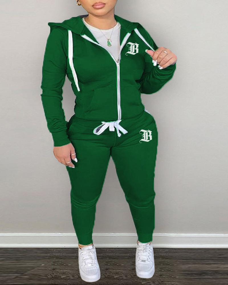 

Plus Size Letter Print Hooded Zip Up Top & Pants Set, Green