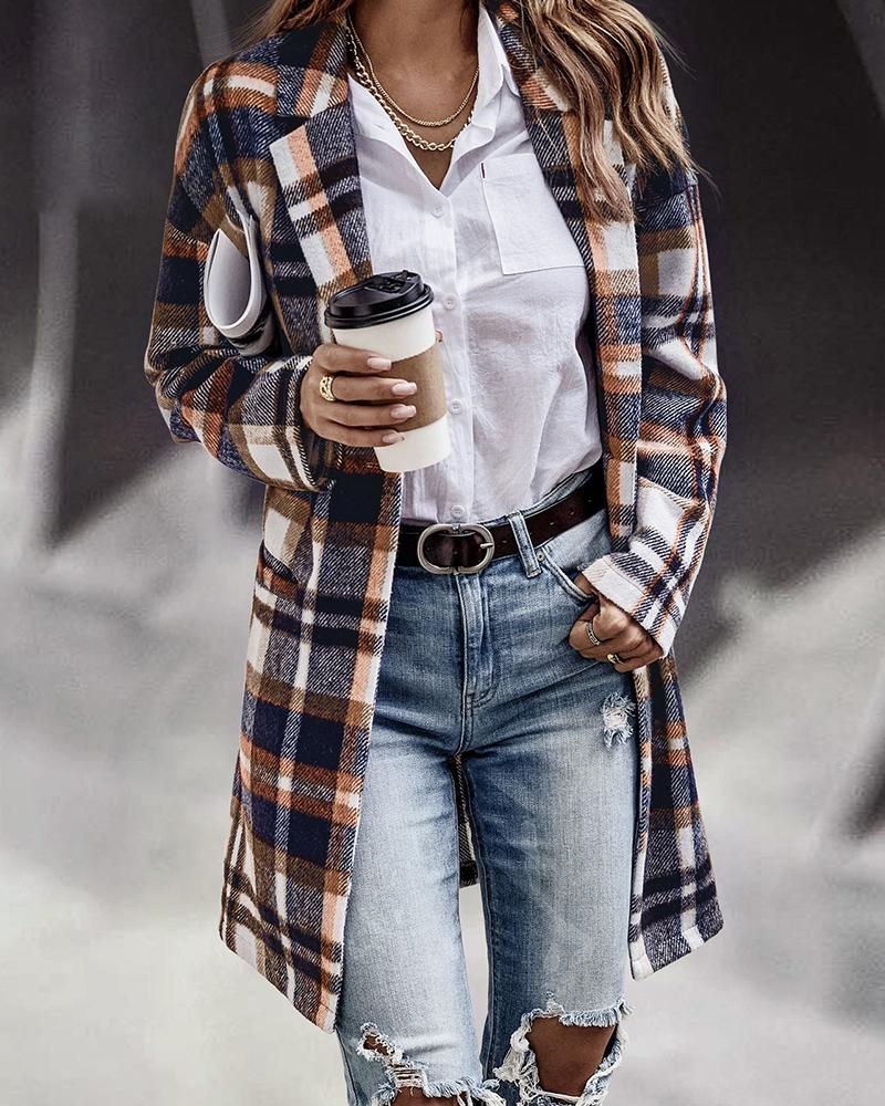 

Plaid Print Pocket Detail Long Sleeve Coat, Khaki