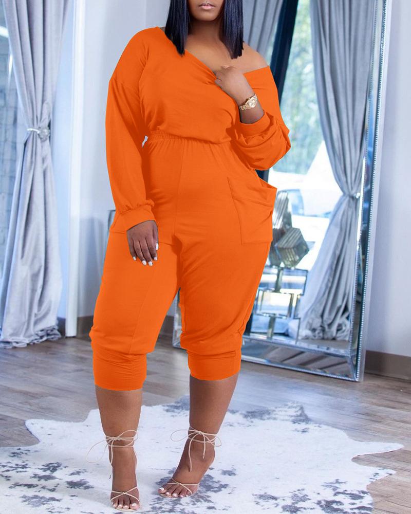 

Long Sleeve Round Neck Pocket Design Jumpsuit, Orange