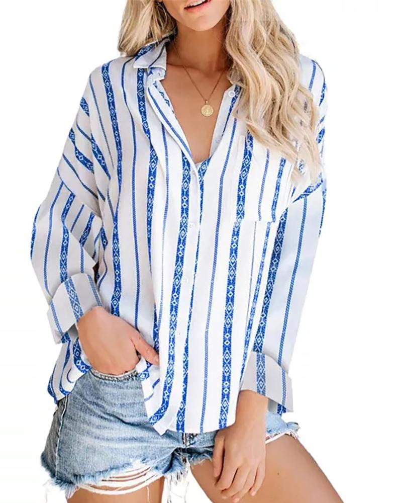 

Striped Print Long Sleeve Button Design Casual Shirt, Style1