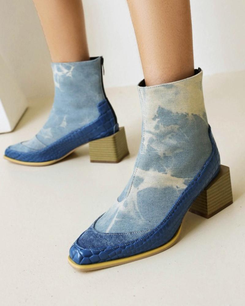 

Pointed-toe Patchwork Biker Boots, Blue