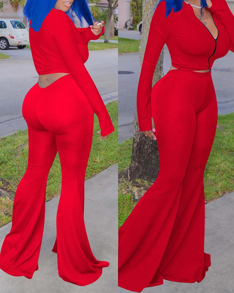 

Zipper Design Crop Top & Bootcut Pants Set, Red