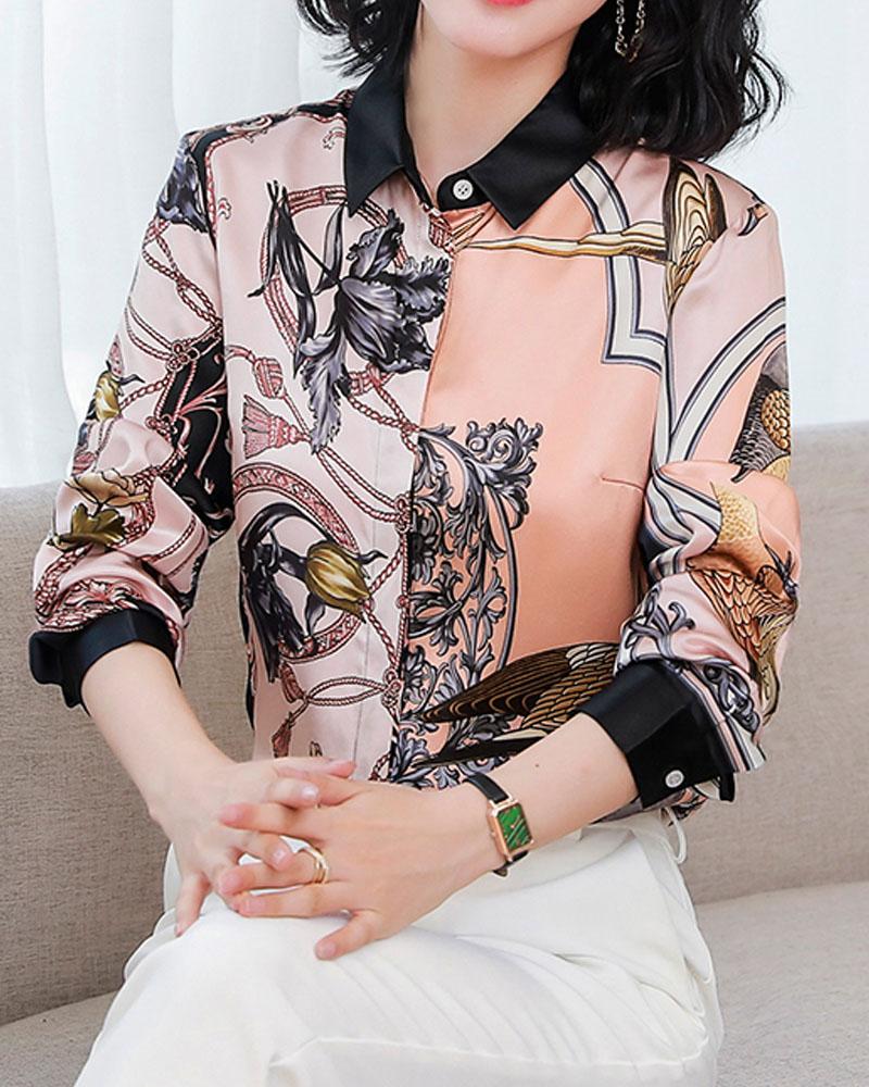 

Scarf Print Long Sleeve Button Down Shirt, Style1