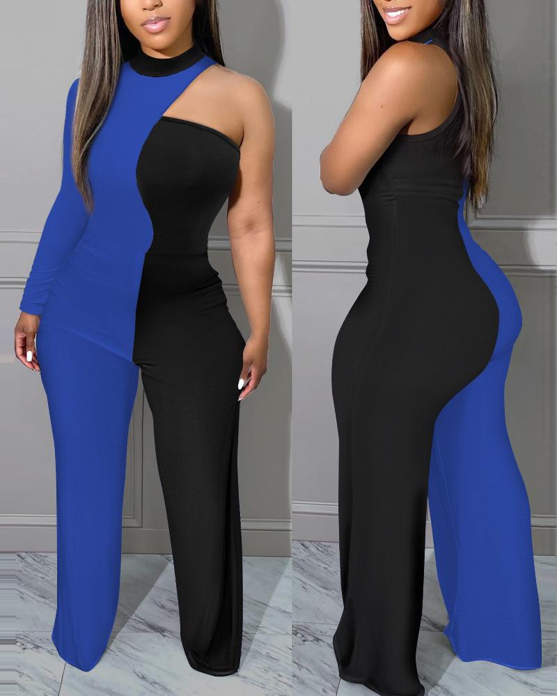 

Colorblock One Shoulder Long Sleeve Jumpsuit, Blue
