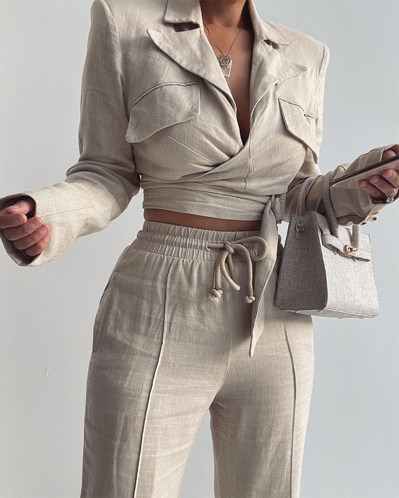

Pocket Detail Drawstring Waist Straight Leg Pants, Apricot