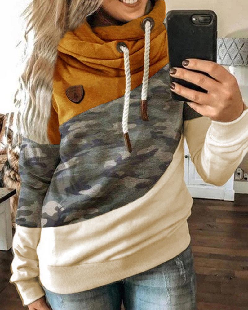 

Colorblock Camouflage Print Lantern Sleeve Hooded Top, Yellow