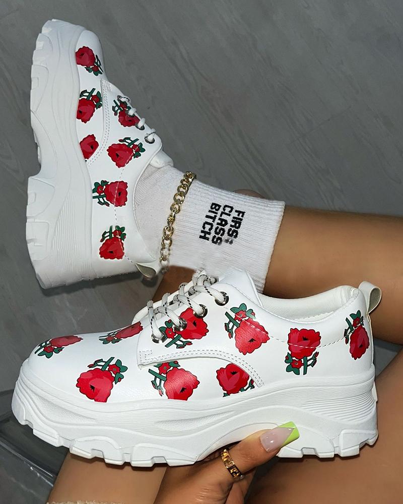 

Rose Pattern Lace-up Muffin Sneakers, White