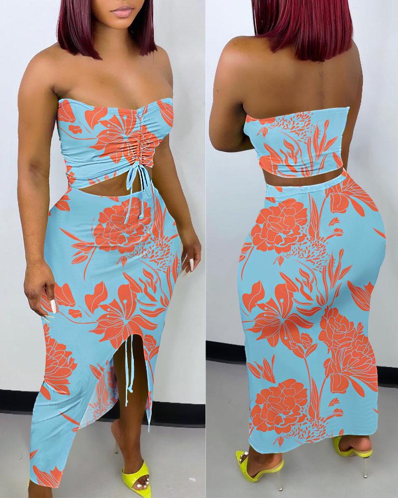 

Plants Print Drawstring Crop Tube Top & Skirt Set, Blue