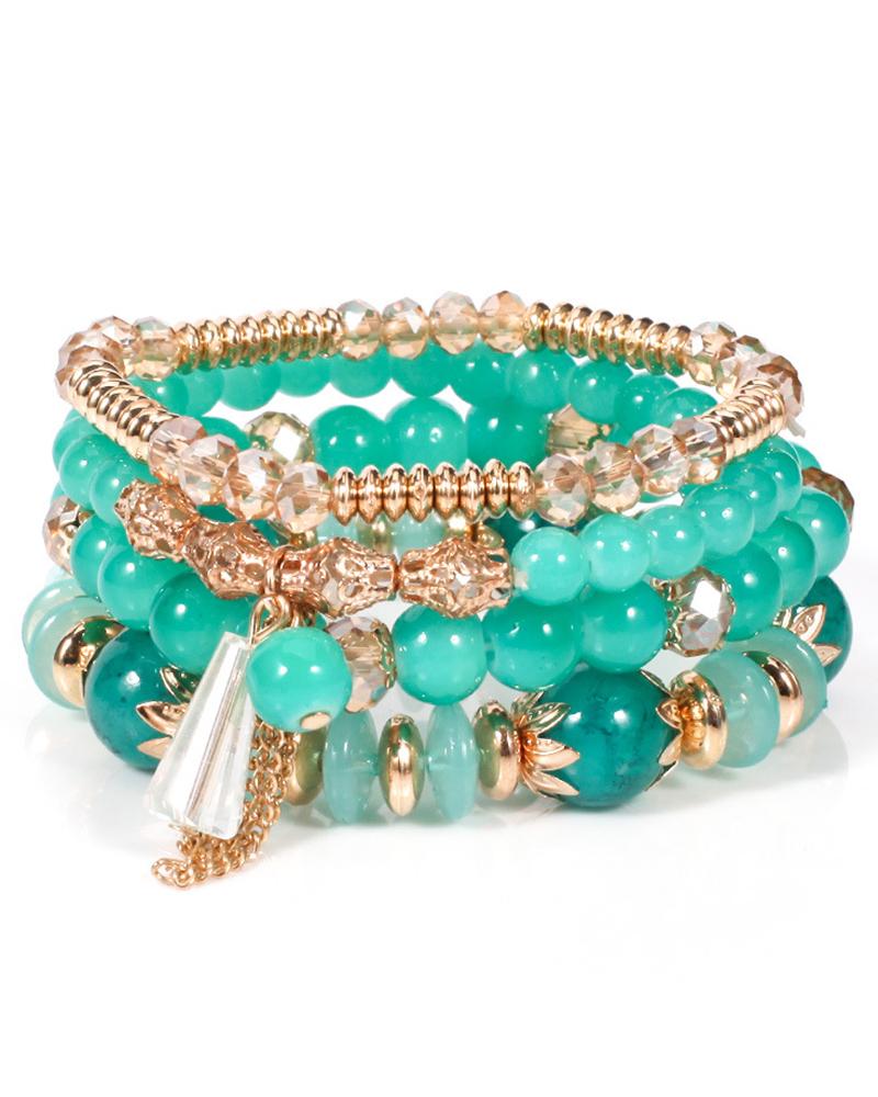 

4pcs Bohemian Crystal Stone Beaded Stackable Tassel Bracelets Set, Green