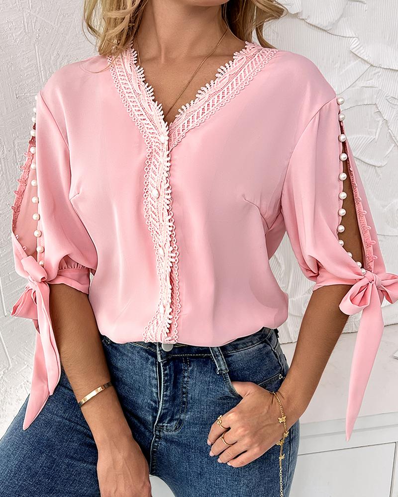 

Beaded Split Knot Cuff Lace Trim V-Neck Top, Pink