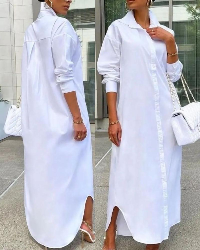 

Long Sleeve Buttoned Slit Shirt Dress, White