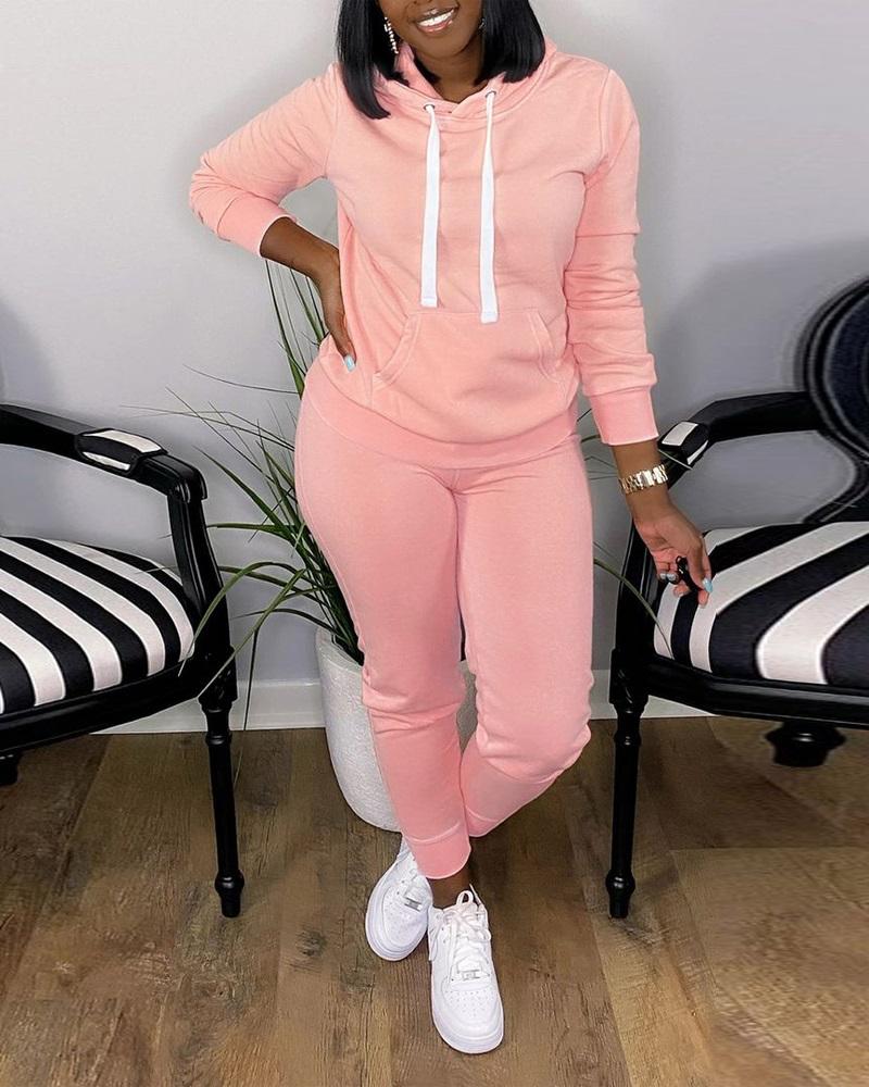 

Long Sleeve Drawstring Hoodie & Pants Set, Pink