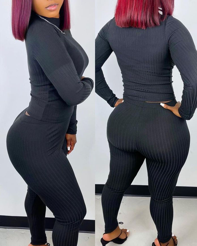 

Ribbed Long Sleeve Top & Skinny Pants Set, Black